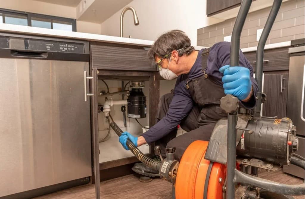 Мастер проводит электромеханическую прочистку канализации под раковиной