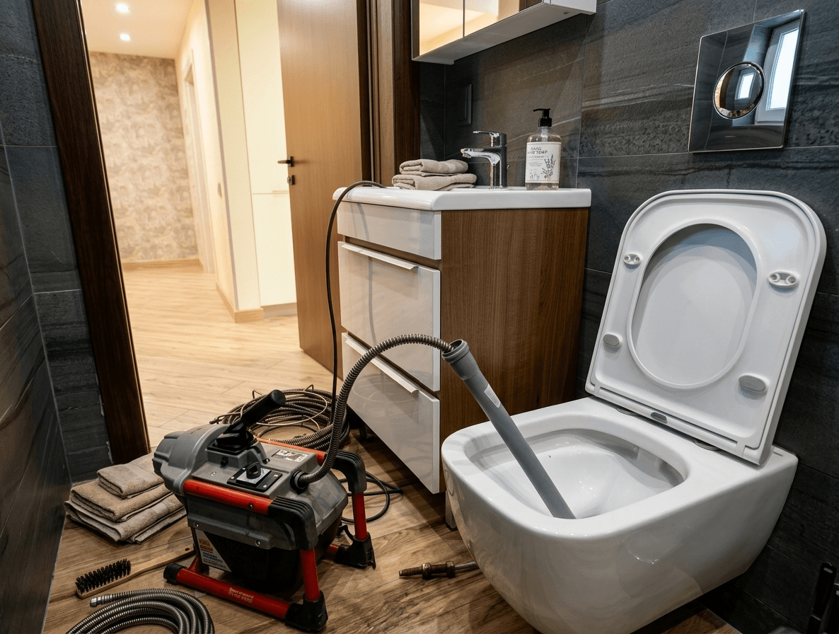 Профессиональная машина для прочистки канализации в ванной комнате