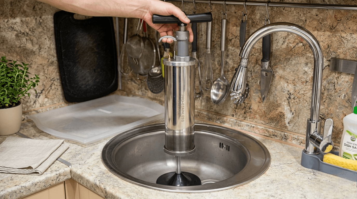 Прочистка засора кухонной раковины профессиональным насосом