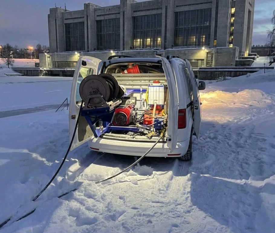 Специалист с гидродинамическим оборудованием для прочистки канализации